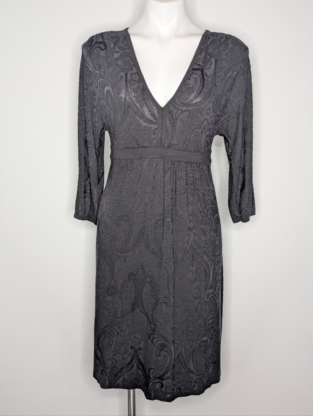 Three Dots Black Sheer Paisley Long Sleeve V Neck Dress L